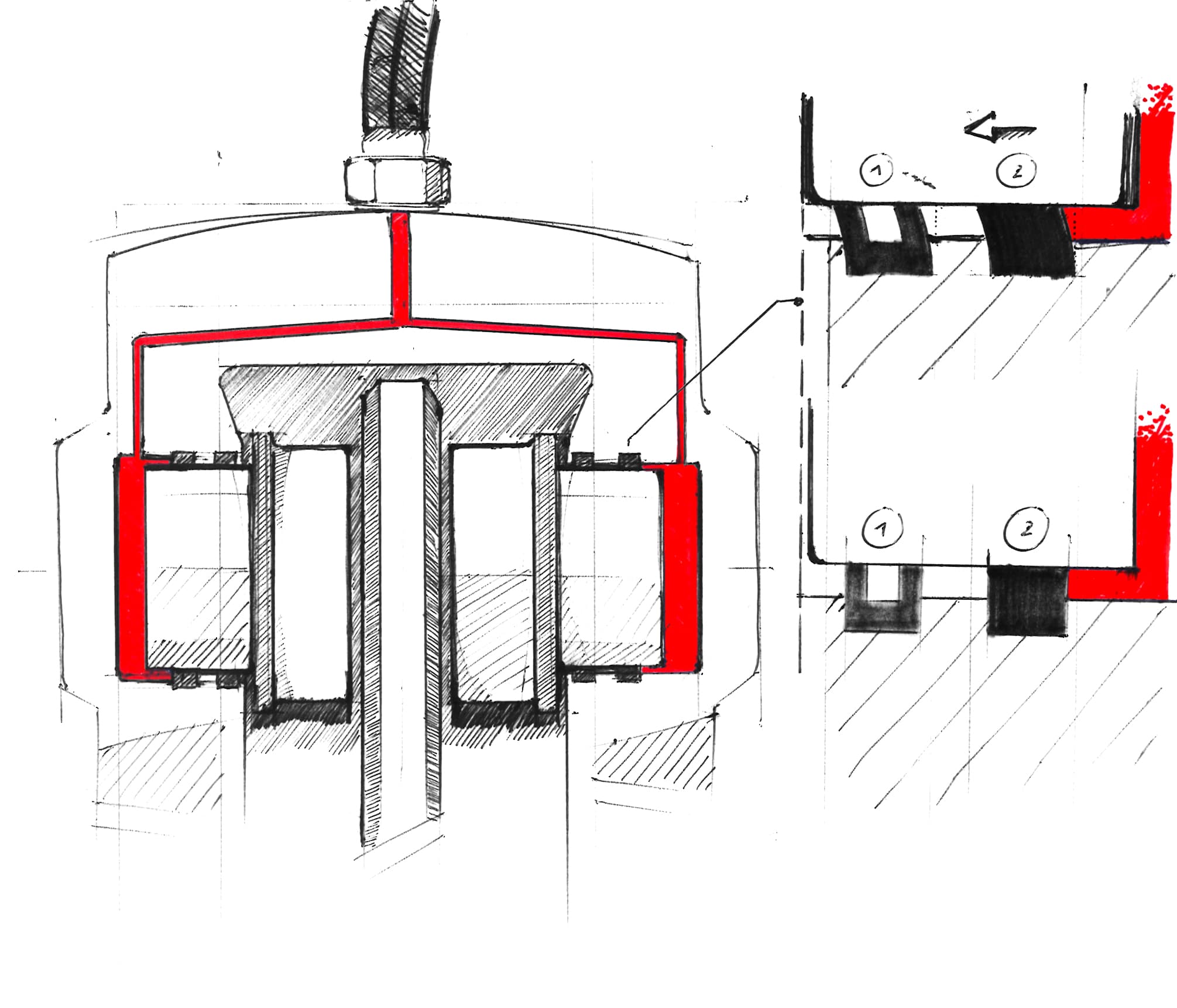 Croquis : Croquis d'une selle flottante à piston unique d'une Kawasaki Z 900.