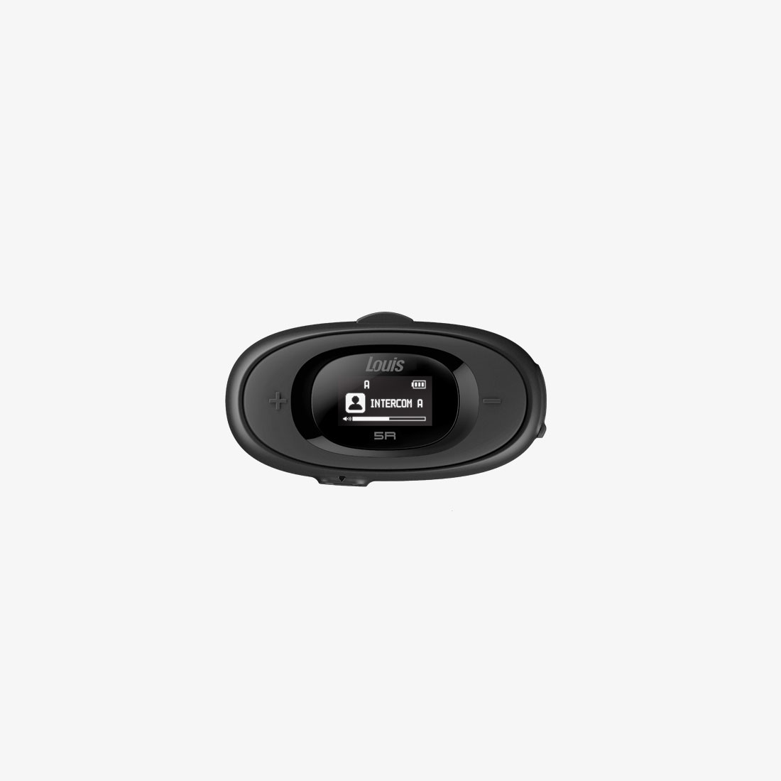Black motorcycle communication system with display and control buttons for helmet mounting, front view.