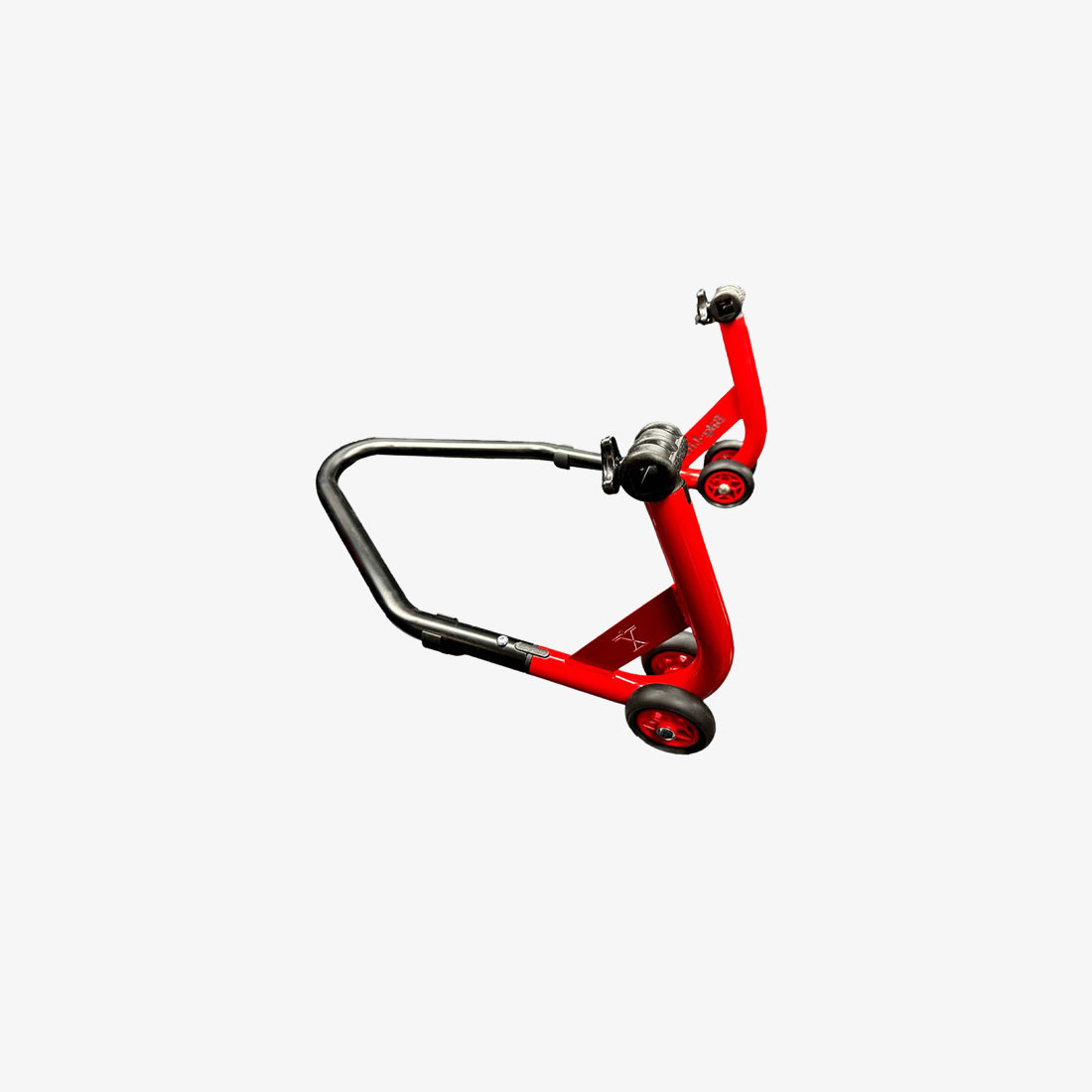 Red motorcycle paddock stand with black supports and wheels for lifting the rear wheel, shown from a front angle.