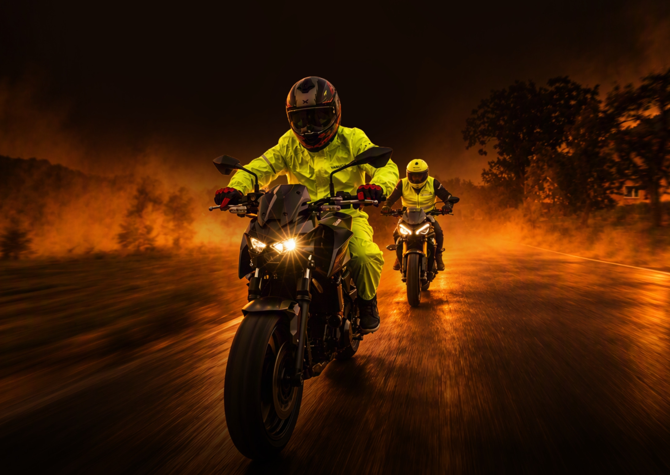 Gerado por IA: Dois motociclistas com roupas reflexivas amareladas andando em alta velocidade em uma estrada com fumaça e iluminação alaranjada.