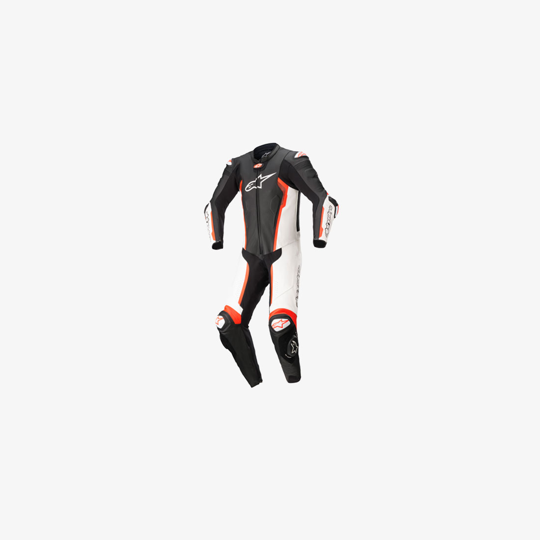 One-piece motorcycle leather suit in black, white and orange with protectors on the shoulders, elbows and knees, front view.