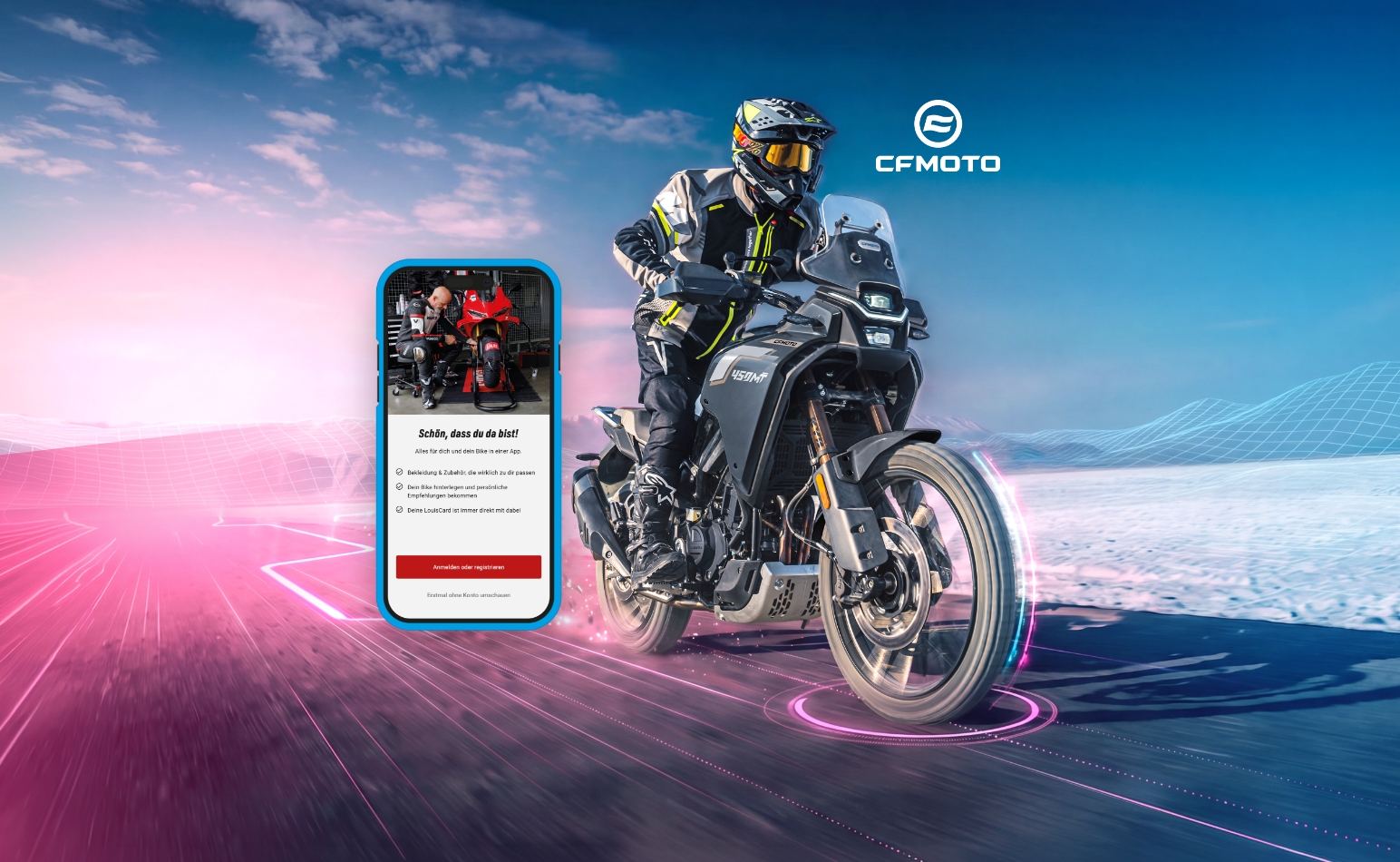 KI generiert: Ein Motorradfahrer in schwarzer Schutzausrüstung fährt auf einer kurvigen Straße durch eine bergige Landschaft bei Sonnenuntergang. Im Vordergrund ist ein Smartphone mit einer Navigations-App zu sehen.