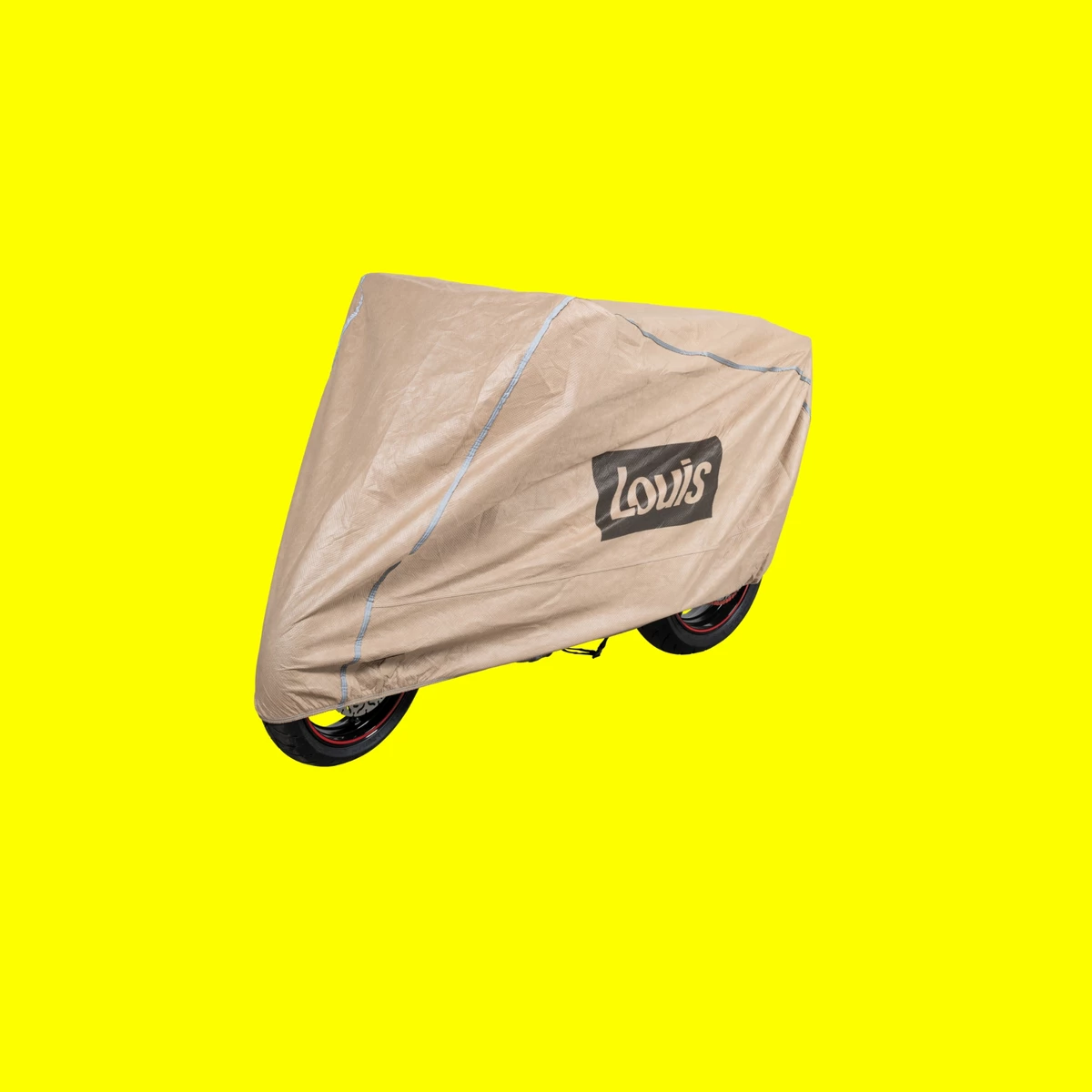 KI generiert: Das Bild zeigt einen auf dem Boden liegenden weißen Louis Vuitton Turnbeutel mit dem charakteristischen Monogramm-Muster. Der Hintergrund ist einfarbig gelb, was den Beutel besonders hervorhebt.