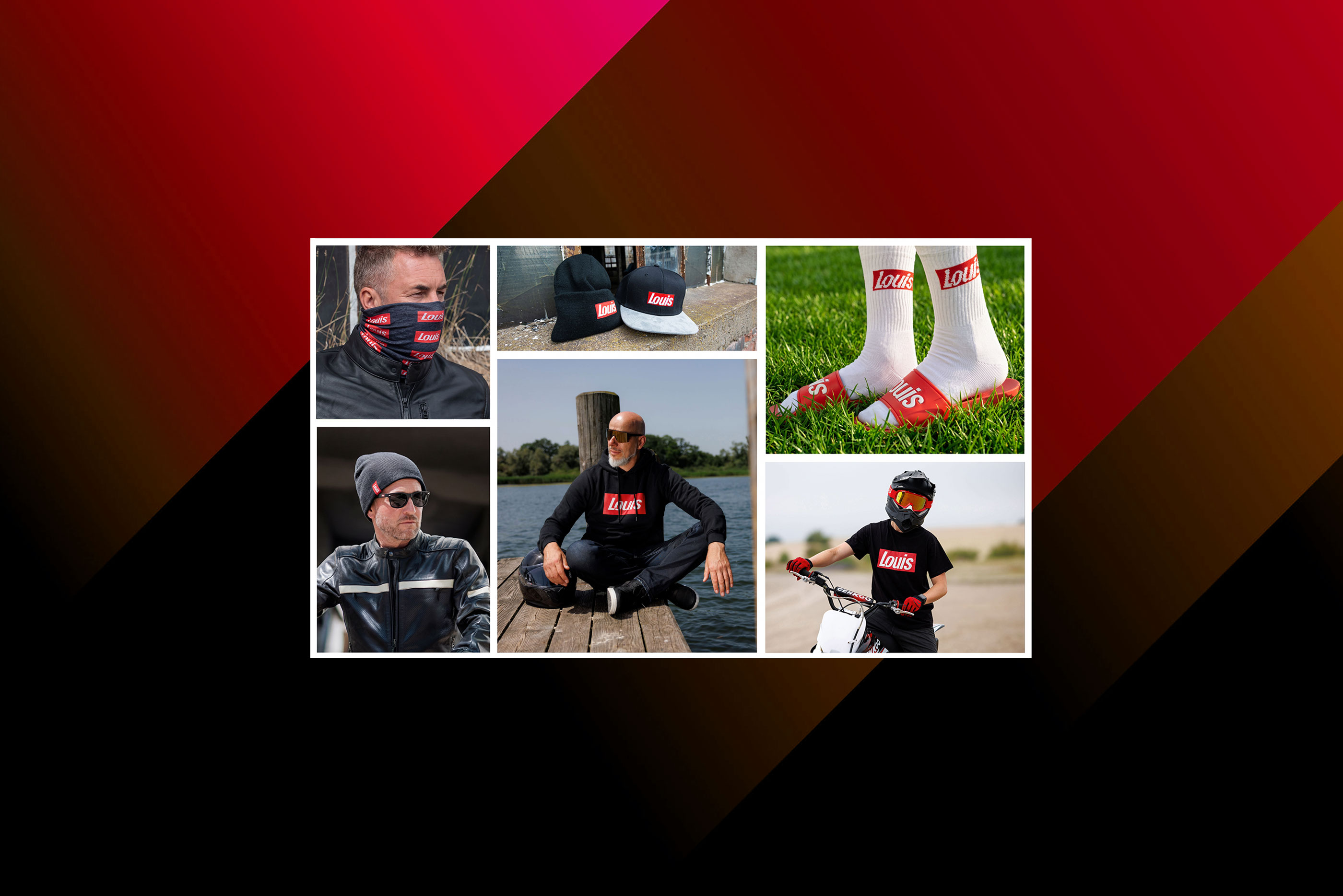 Collage de personnes portant des vĂȘtements et accessoires Louis comme bonnets, hoodie, chaussettes et T-shirt dans des contextes extĂ©rieurs et de loisirs.