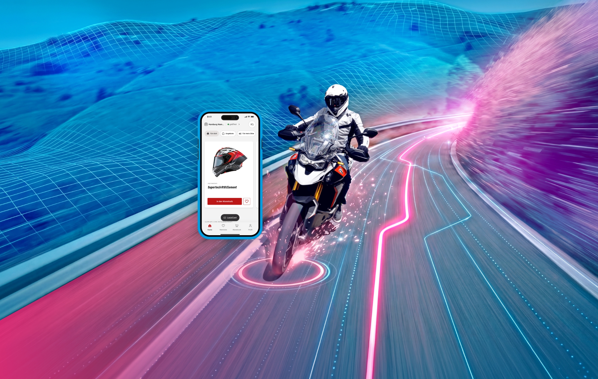 KI generiert: Ein futuristischer Roboter steht auf einer leuchtenden Plattform und hält ein Tablet mit einem Herzsymbol. Im Hintergrund sind abstrakte, farbige Lichtlinien und Muster zu sehen.