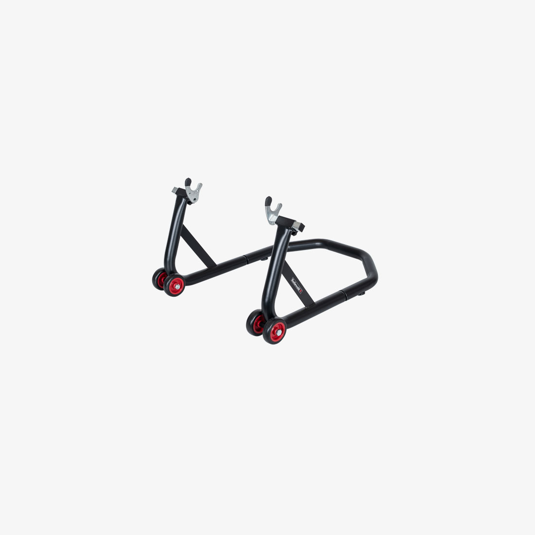 Black motorcycle paddock stand with red wheels for rear wheel support, shown from a front angle.