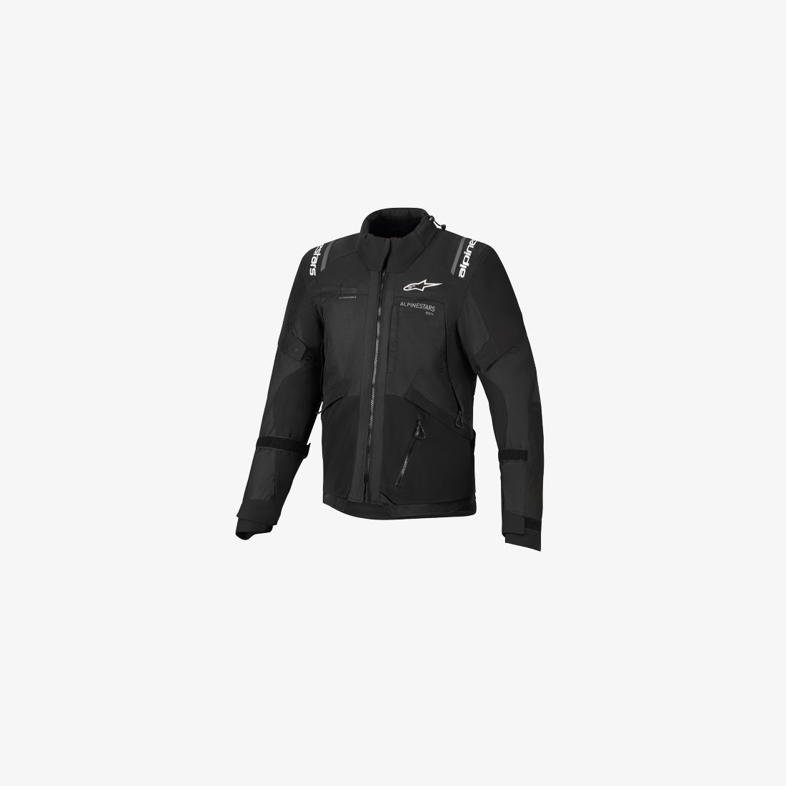 Black motorcycle jacket with zipper, stand-up collar and white logo accents on the shoulders, front view.