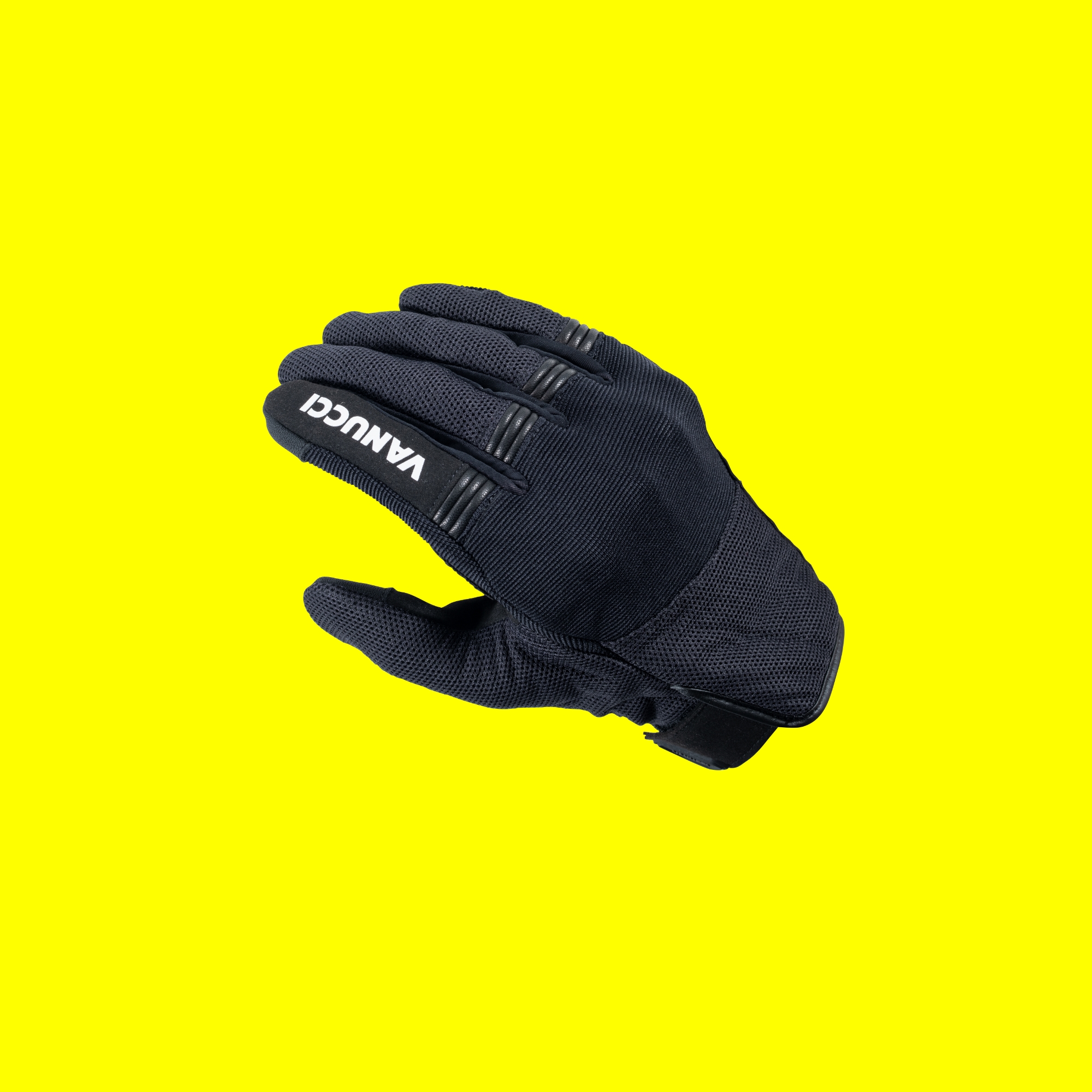 Schwarzer Motorradhandschuh Vanucci VUG-5 auf gelbem Hintergrund mit Preisangabe und Markenlogos