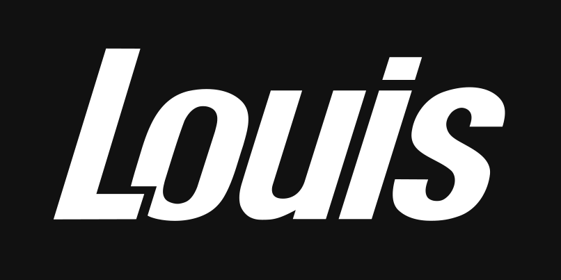 KI generiert: Das Bild zeigt das Wort "LOUIS" in großen, weißen, serifenlosen Buchstaben auf einem schwarzen Hintergrund. Es handelt sich um ein minimalistisches Logo oder Markenzeichen.