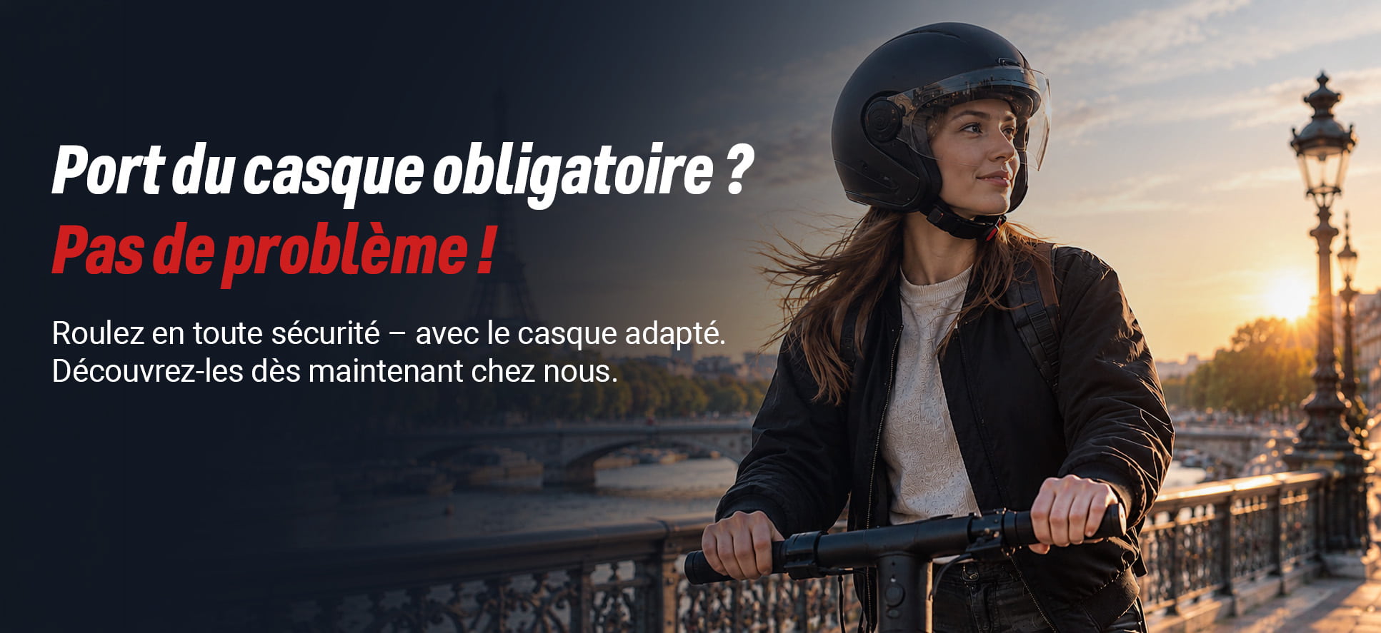 Généré par IA: Une femme portant un casque de sécurité est assise sur une moto, avec un paysage urbain en arrière-plan. Le texte en surimpression encourage à rouler en toute sécurité avec le bon casque.