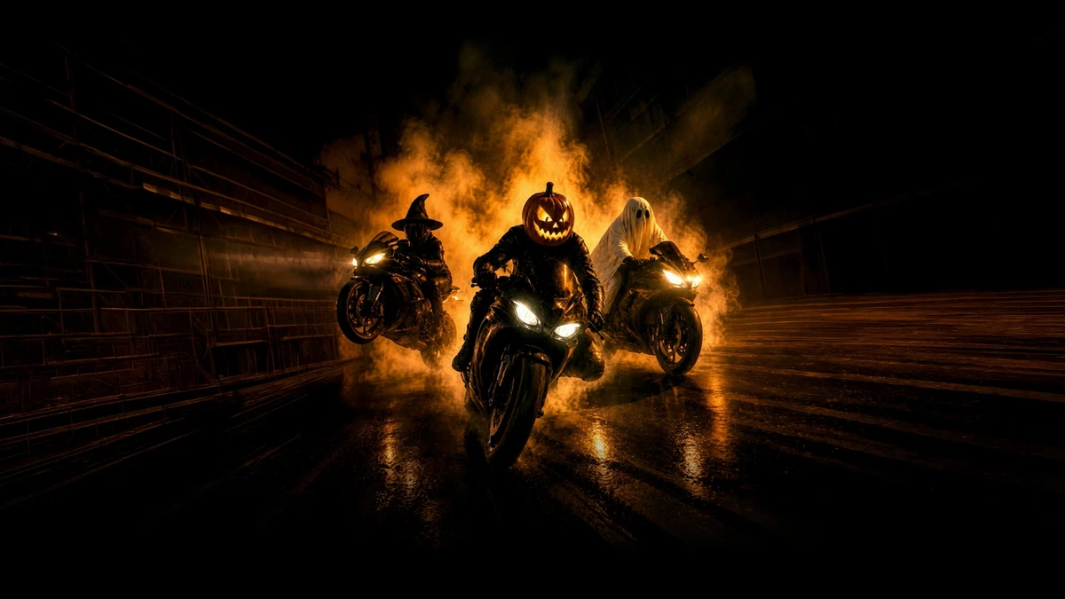 KI generiert: Drei Motorradfahrer mit Halloween-Kostümen (Hexe, Kürbis, Geist) rasen durch einen dunklen Tunnel mit Rauch und dramatischer Beleuchtung.