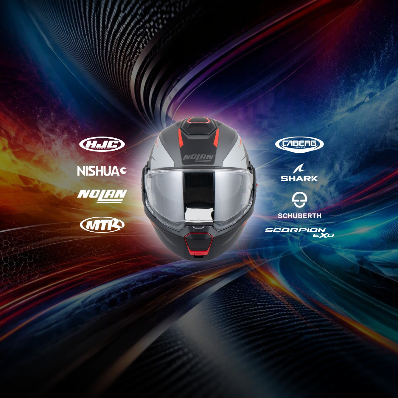 KI generiert: Ein weißer Motorradhelm mit rot-schwarzem Visier und mehreren Markenlogos (HJC, Nihua, Caberg, Shark, Schuberth, Scorpion EXO) ist das zentrale Objekt. Im Hintergrund sind dynamische Lichtspuren und ein unscharfes, farbenfrohes Muster zu erkennen.