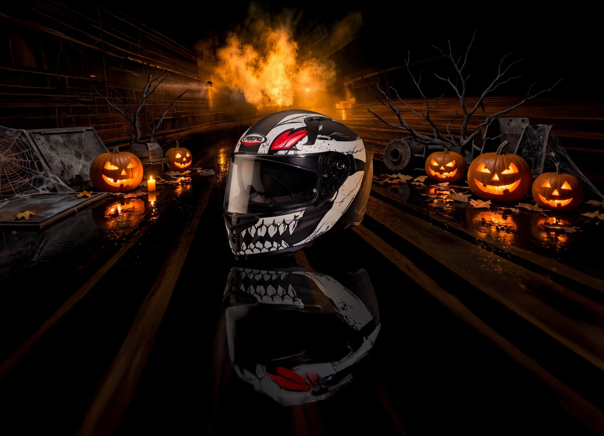 KI generiert: Motorradhelm mit gruseliger Bemalung, umgeben von Kürbislaternen und einer düsteren Halloween-Atmosphäre.