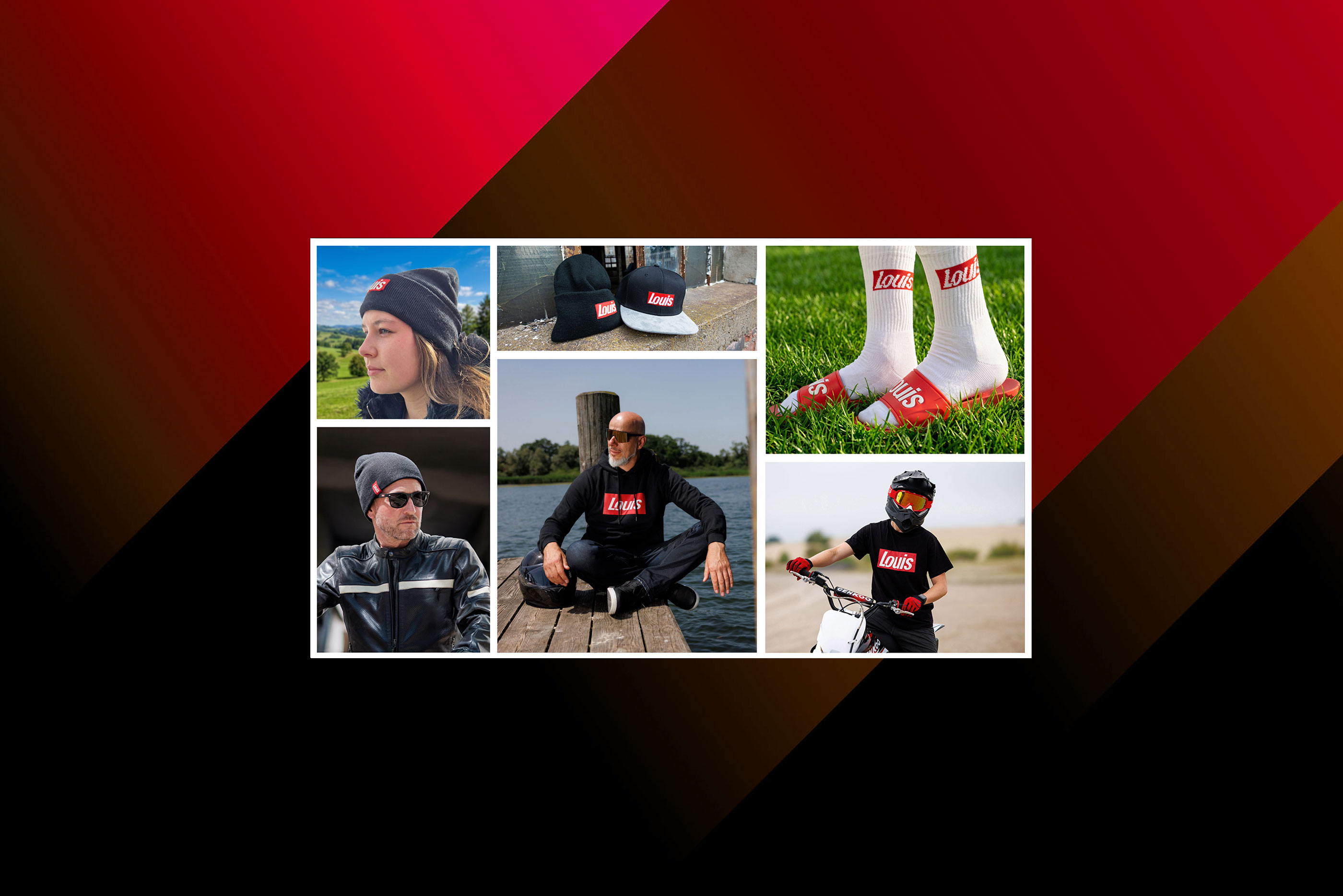 Collage of people wearing Louis clothing and accessories such as beanies, hoodie, socks and T-shirt in outdoor and casual settings.