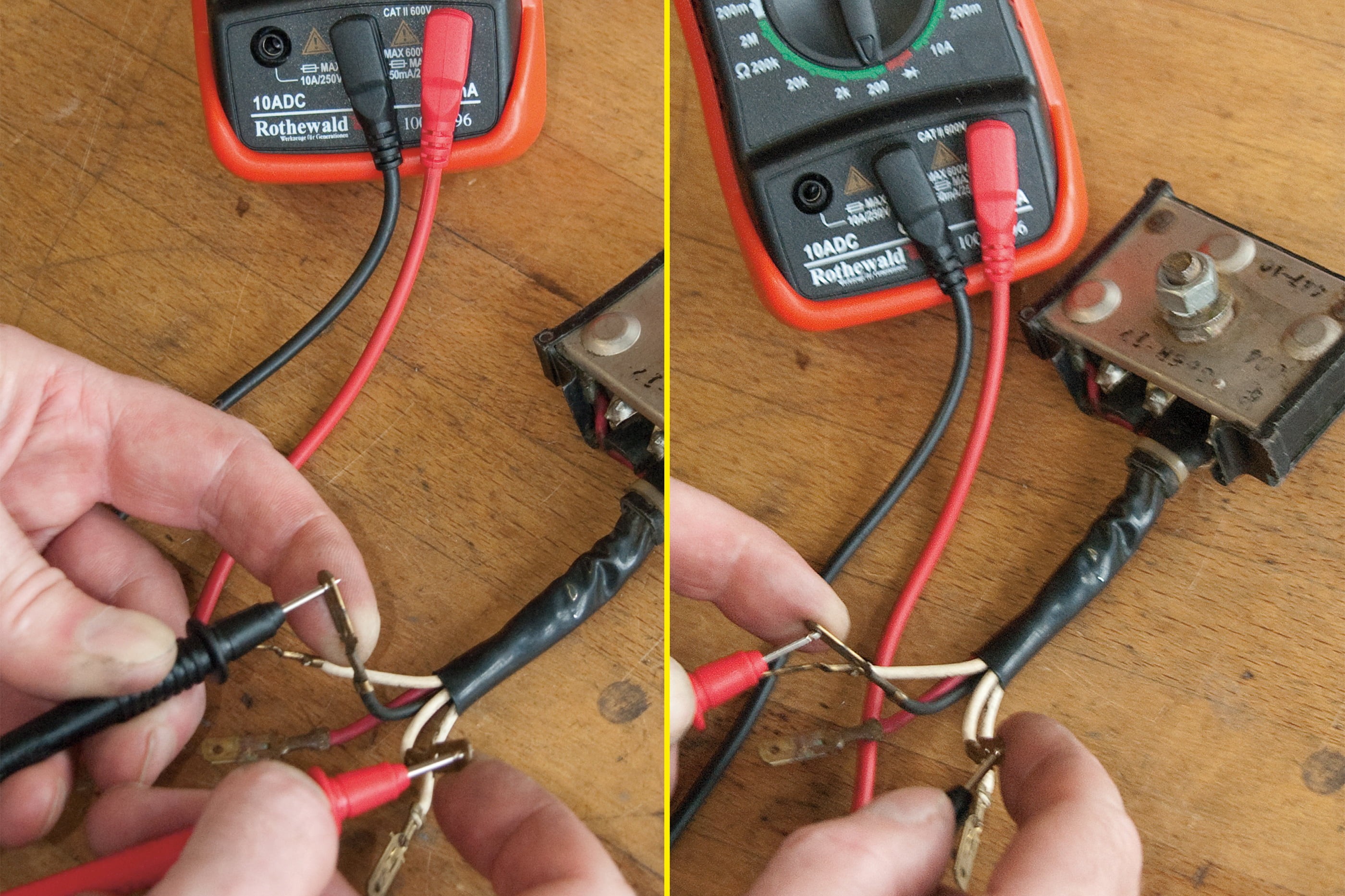 Step 2, Fig. 7: Resistance measurement on rectifier in both directions. 