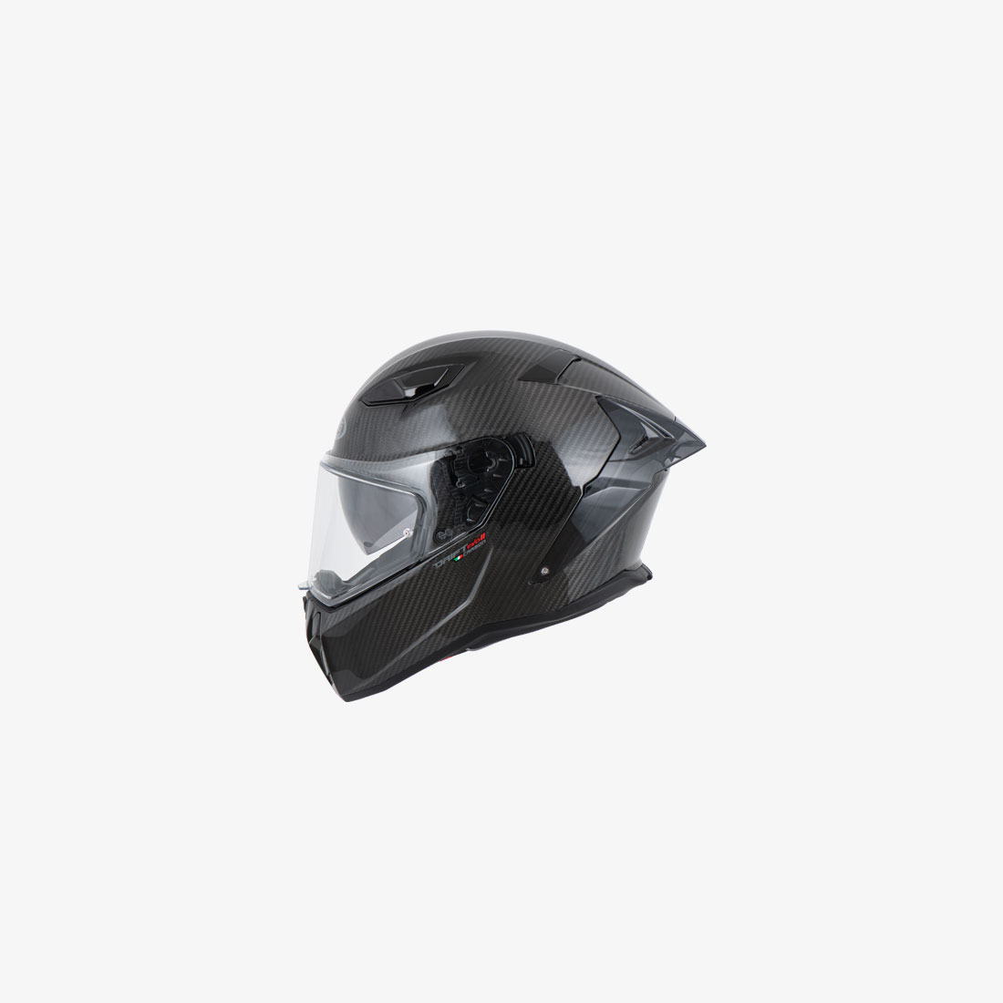 Black full-face motorcycle helmet with carbon-look finish, clear visor and rear spoiler, side view.