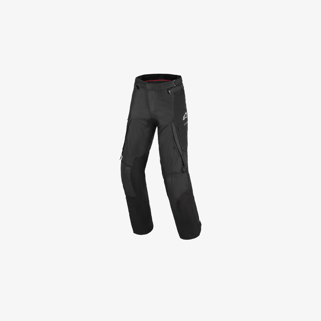 Black motorcycle trousers with knee reinforcements, ventilation zips and an adjustable waistband, front view.
