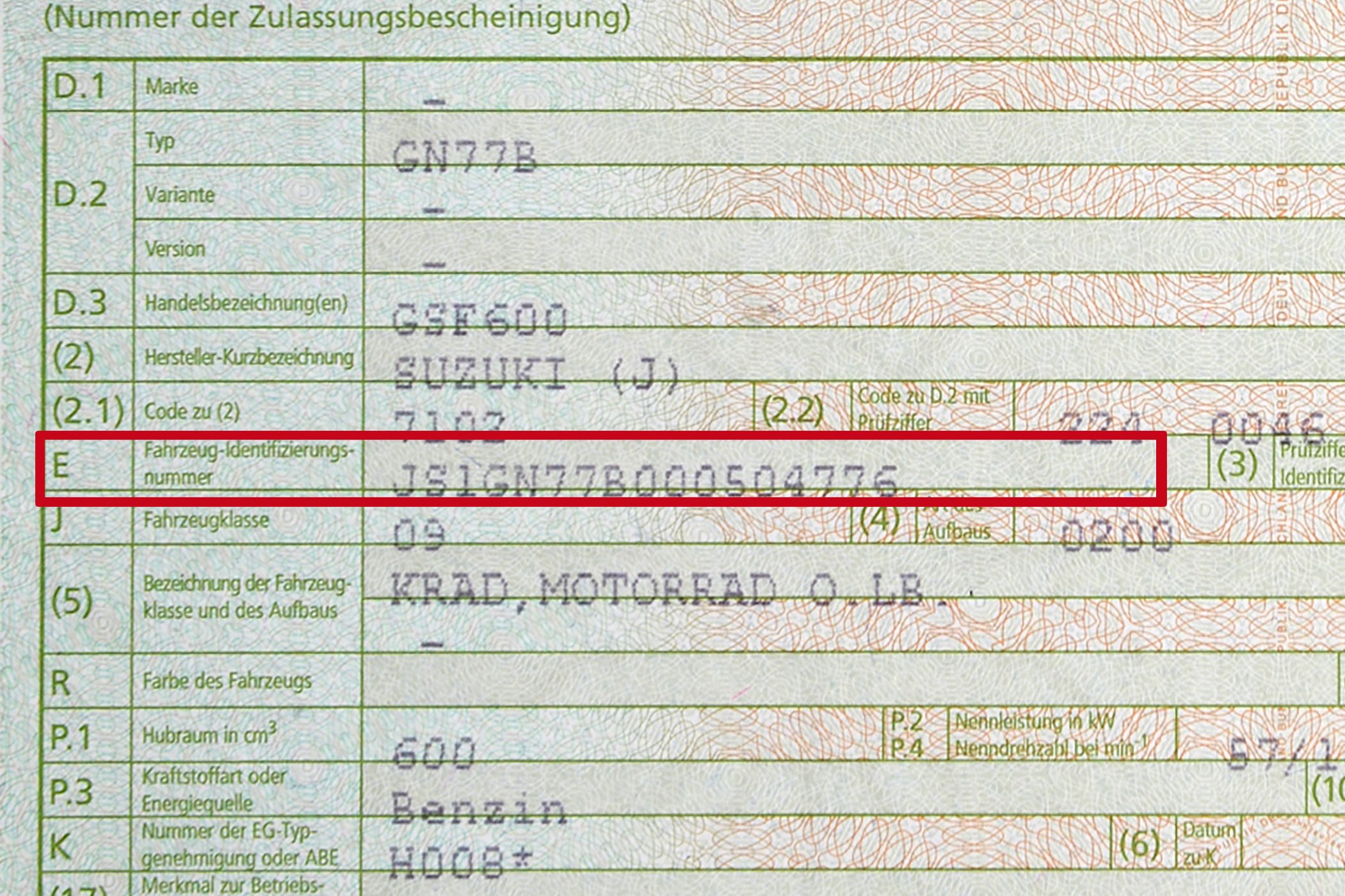 Fig. 5: Il numero di telaio deve coincidere con le indicazioni sul certificato di proprietà del veicolo e sul contratto d'acquisto