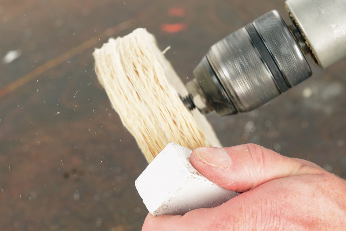 Step 3, Fig. 2: Apply wax to rotating polishing mop