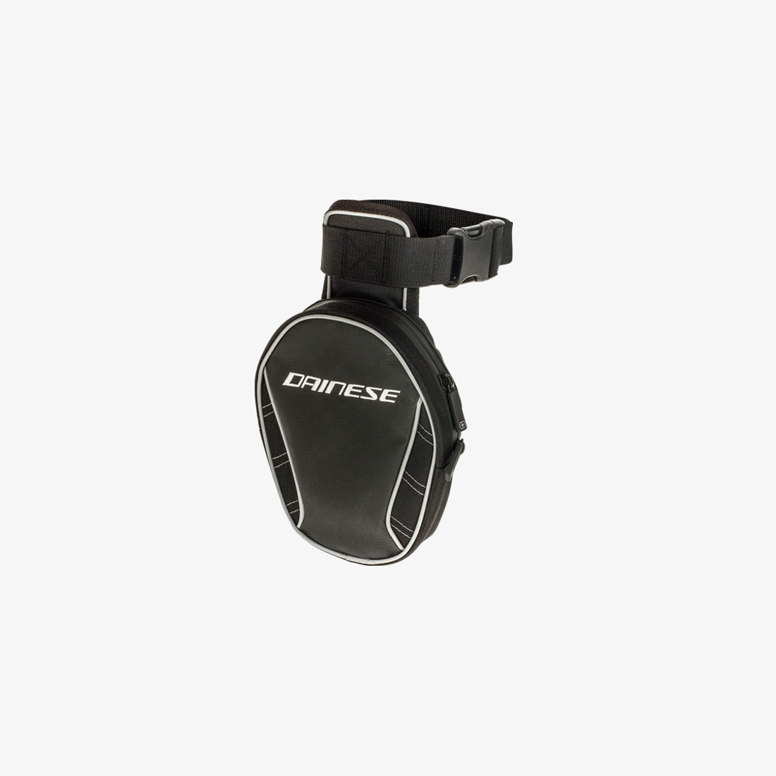 Black motorcycle leg bag with adjustable fastening strap and zippered compartment, front view.
