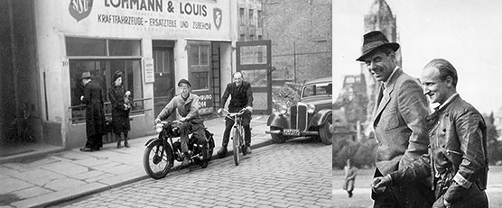 Links op de foto: De winkel Lohmann & Louis in de Rosenstrasse in Hamburg; Rechts op de foto: Walter Lohmann en Detlev Louis 1947 in München