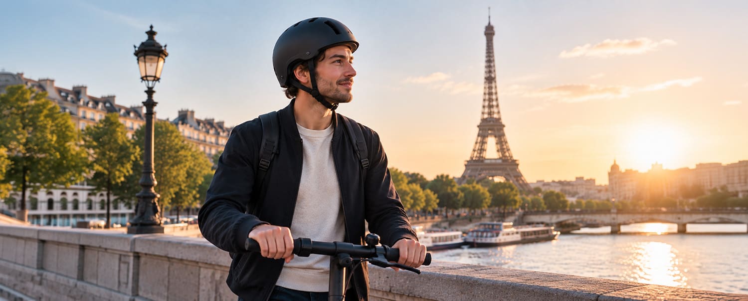 Généré par IA: Un homme assis sur un banc regarde la Tour Eiffel au coucher du soleil. Autour de lui, des arbres et des bâtiments sont visibles dans un parc.