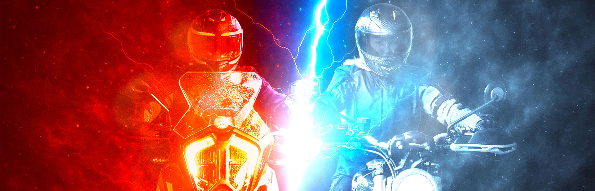 Two motorcyclists face each other: a red sport motorcycle on the left and a blue-lit motorcycle on the right, separated by a lightning bolt.