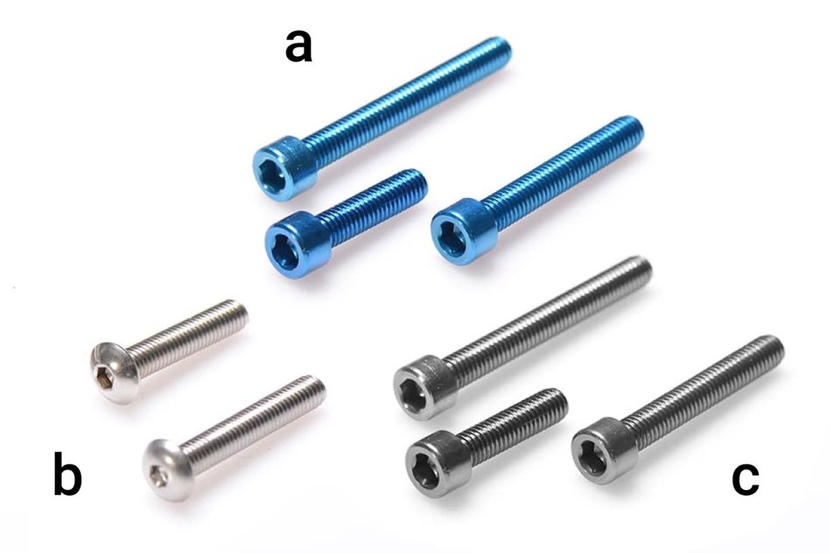 Fig. 7: Overview of screws made of aluminium, stainless steel and titanium