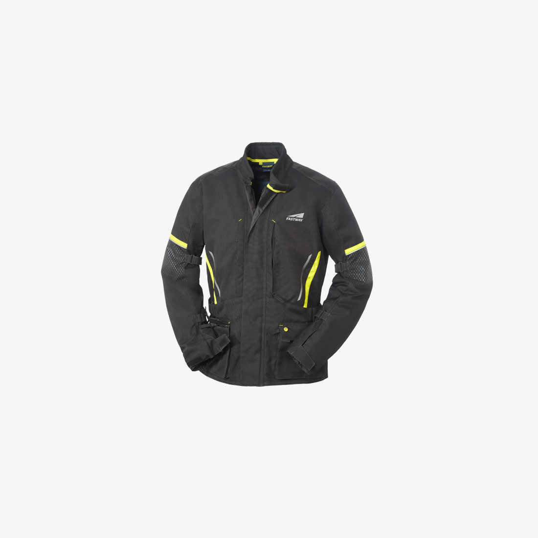 Black motorcycle jacket with yellow contrast panels and multiple outer pockets, front view.