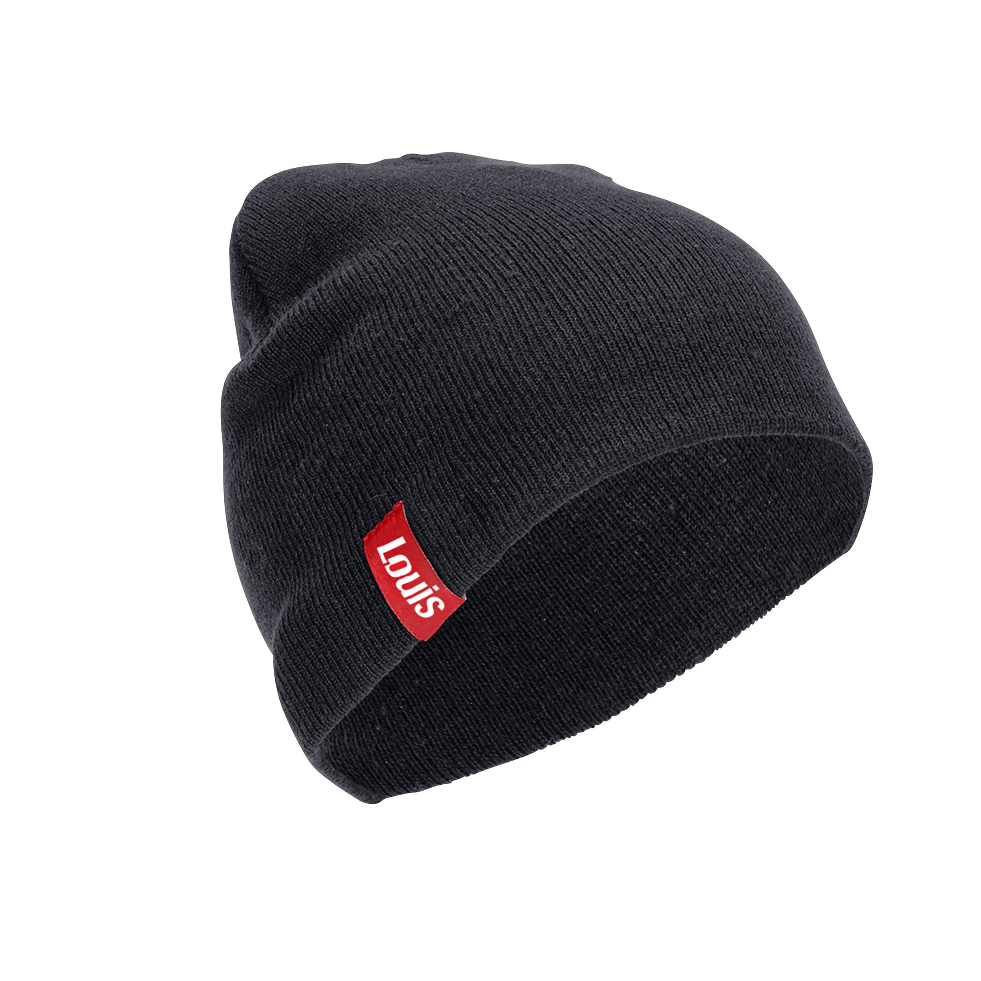 Black knit beanie with Louis logo on a light background.