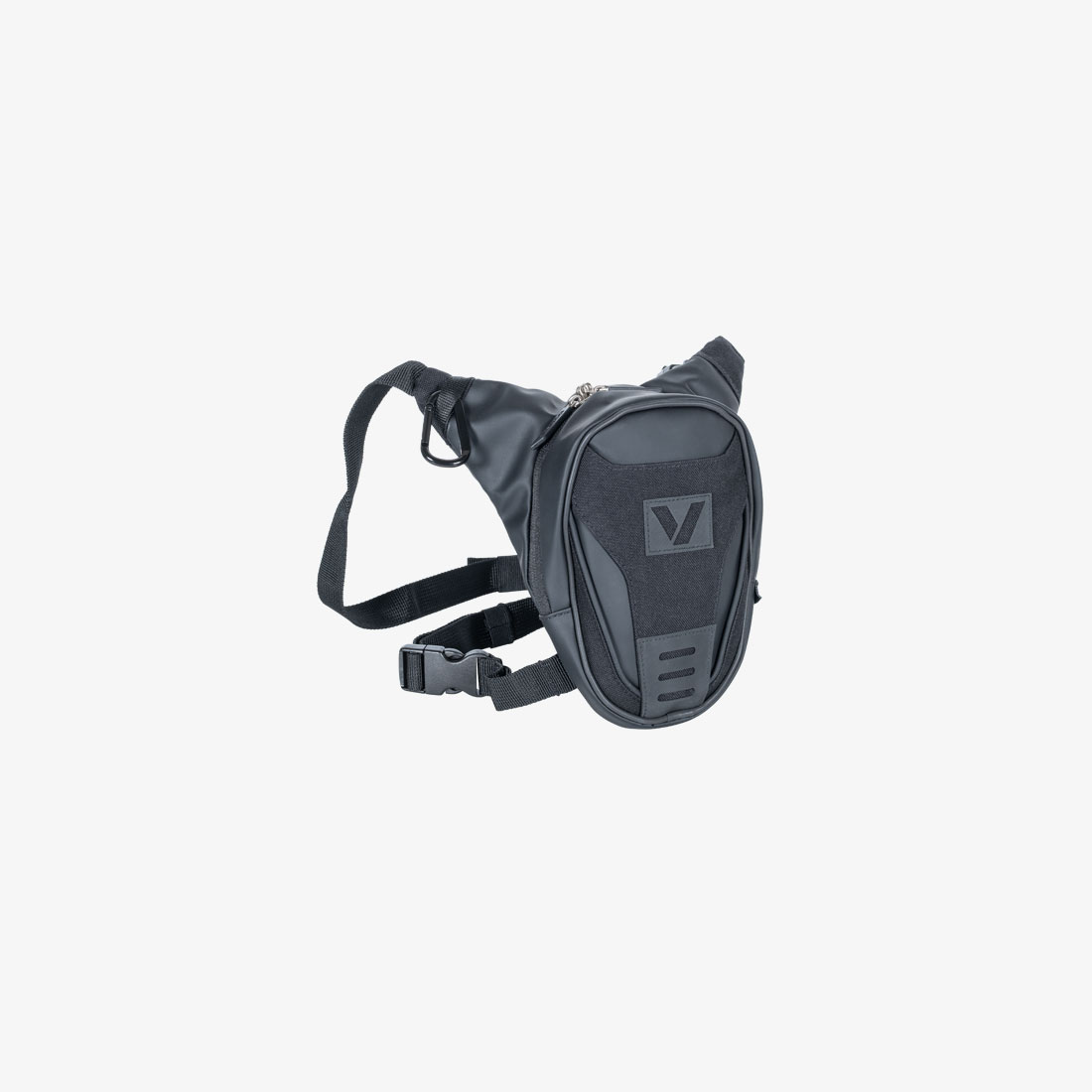 Black motorcycle leg bag with adjustable straps and zippered compartment, shown from a front angle.