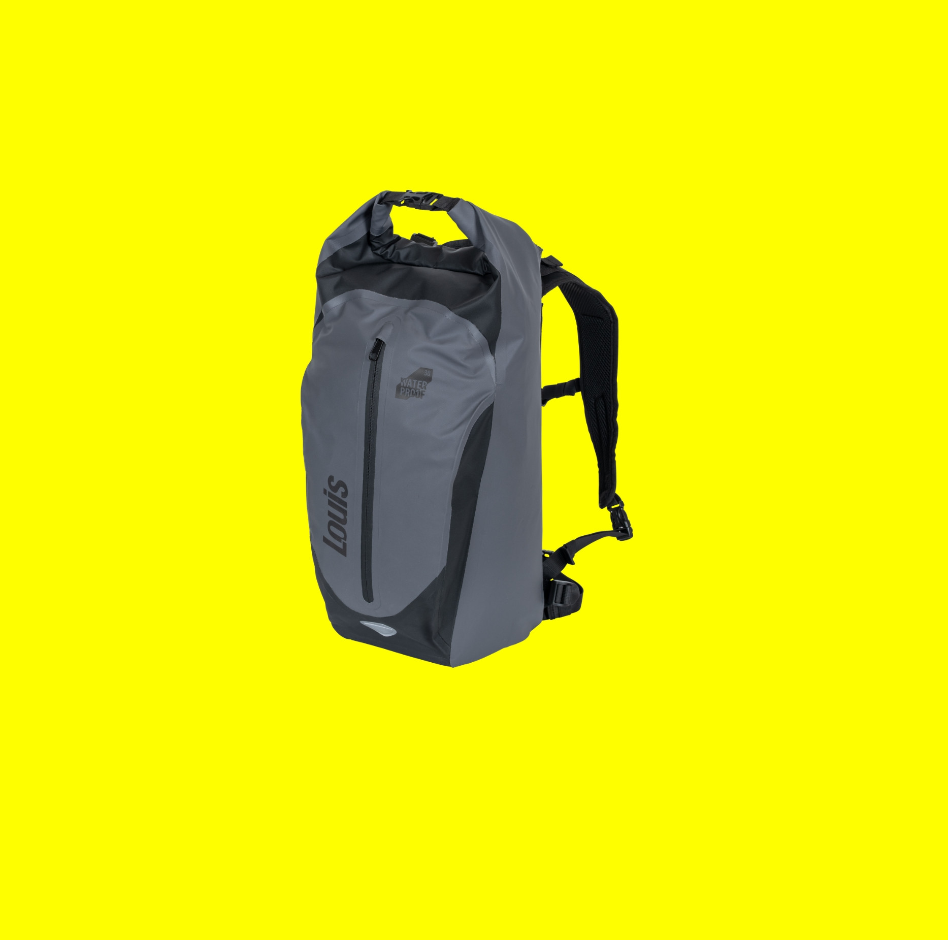 KI generiert: Das Bild zeigt einen blauen Louis Vuitton Rucksack mit gelben Akzenten und dem markanten LV-Logo. Der Rucksack ist vor einem einfarbig gelben Hintergrund platziert.