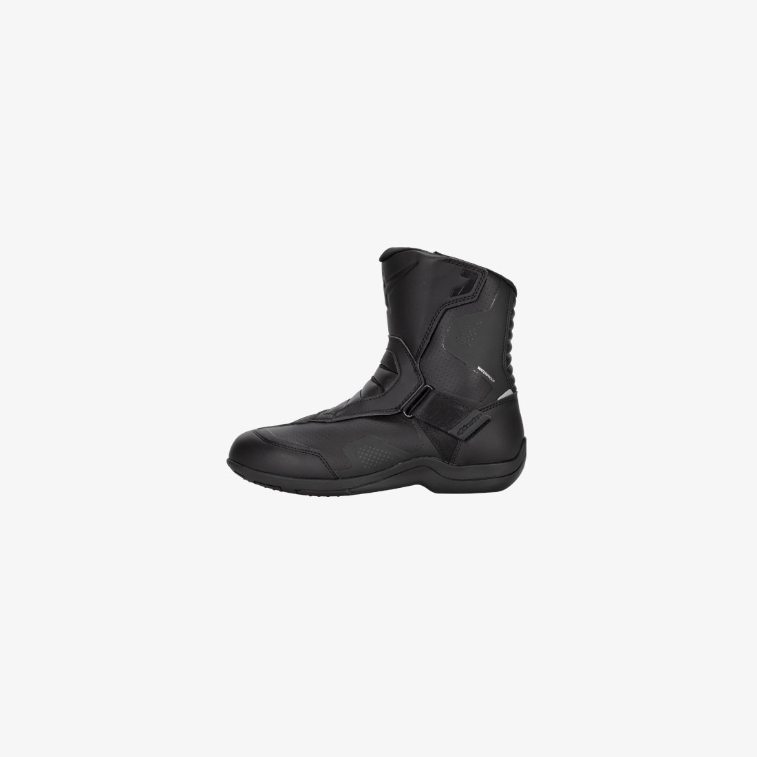Black motorcycle boot with a mid-height shaft, hook-and-loop closure and ankle reinforcements, side view.
