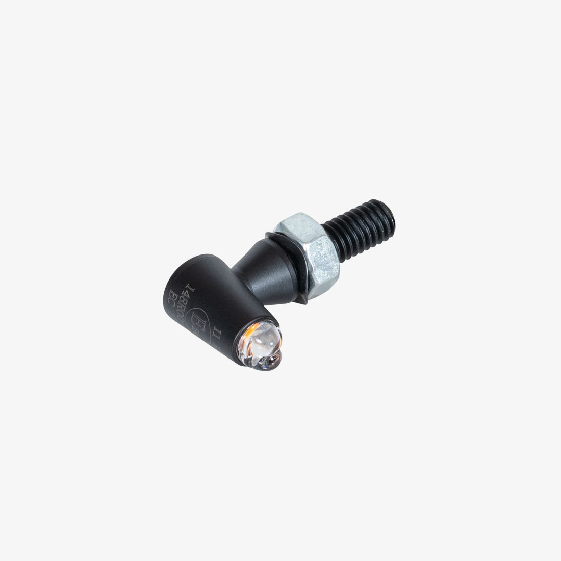 Black LED motorcycle indicator with transparent lens and threaded mounting, close-up view.