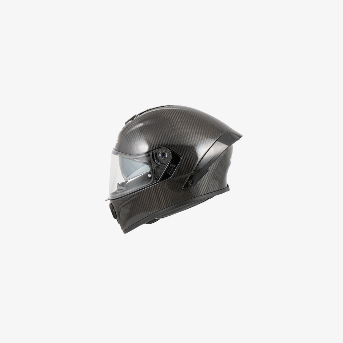 Black full-face motorcycle helmet with carbon-look finish and clear visor, side view.