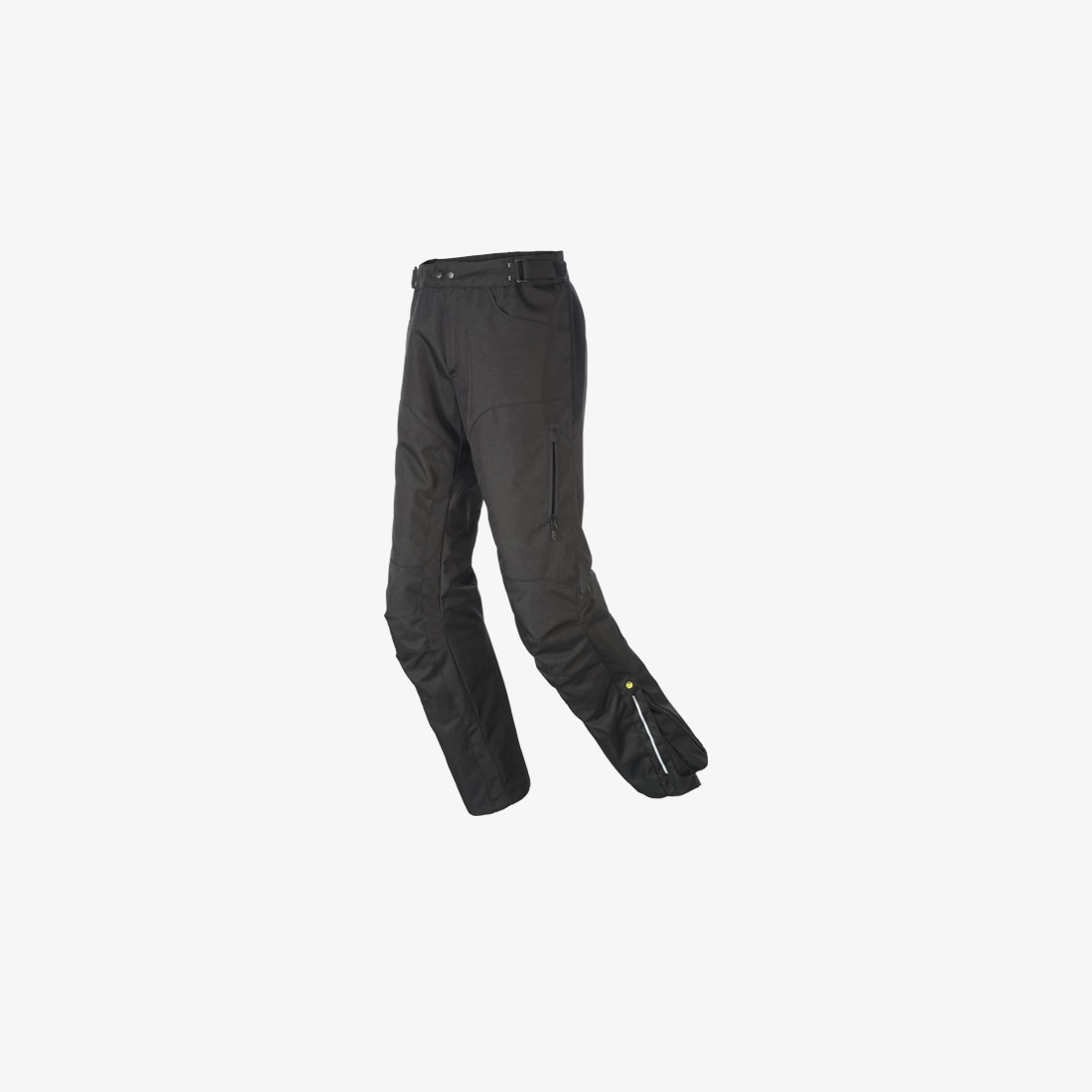 Black motorcycle trousers with zippered pockets and zippered leg openings, front view.