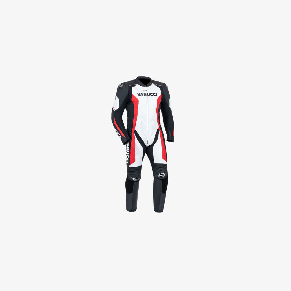 One-piece motorcycle leather suit in black, white and red with protectors on the shoulders and knees, front view.