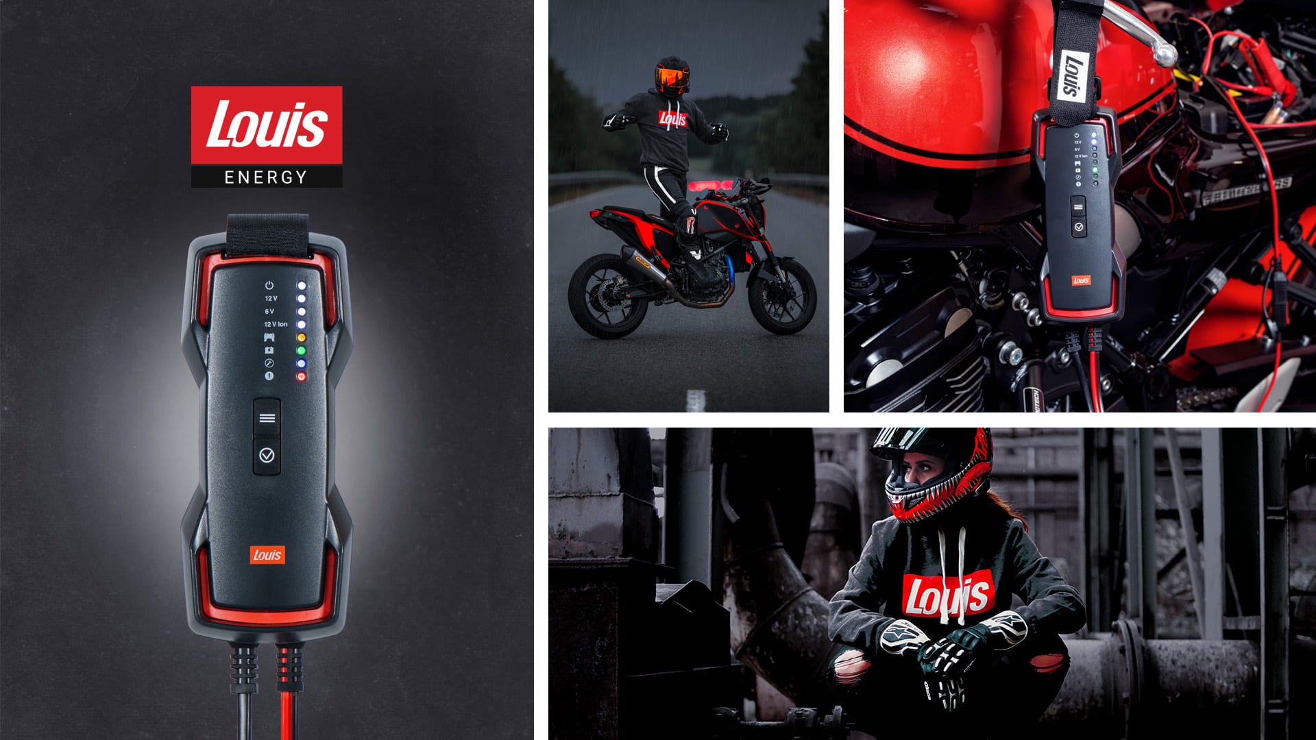 AI generated: Louis Energy battery charger and motorcycling gear with a rider on a red motorcycle and another person in a workshop.