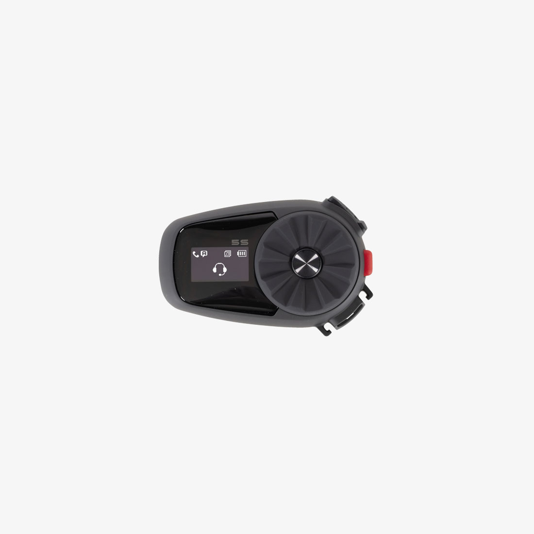 Black motorcycle communication system with display and large rotary control for helmet mounting, front view.